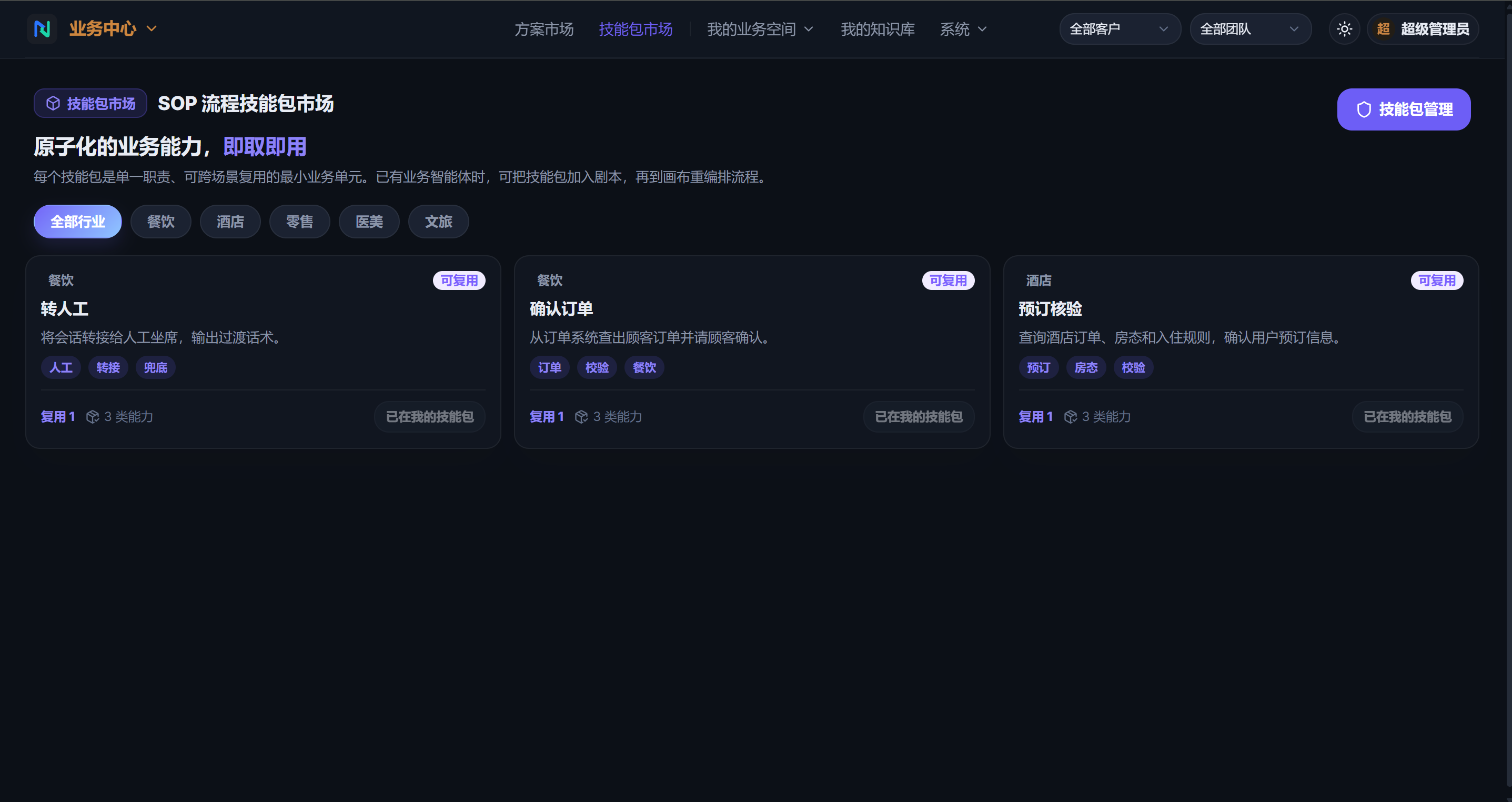 AbilityField 技能包市场界面，展示 SOP 流程技能包